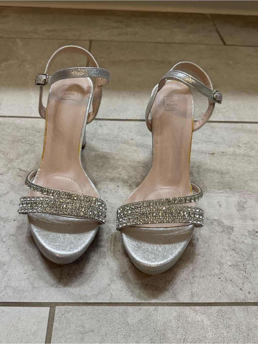 Crystal-Embellished Silver Ankle-Strap Heels